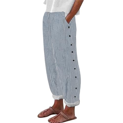 Generic Women's Straight Leg Stripe Cotton Linen Pants
