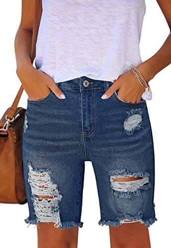 Metietila Women's Ripped Mid-Rise Denim Bermuda Shorts