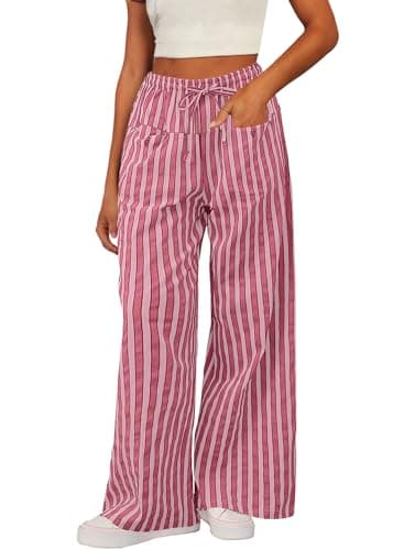 Acelitt Women's Casual Elastic Waist Striped Wide Leg Pants with Pockets, S-XXL