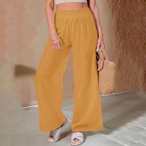 DASAYO Smocked High-Waisted Linen Palazzo Pants with Pockets