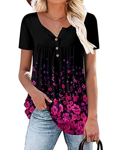 ROSELINLIN Women's Floral Summer Short Sleeve Shirt Loose Fit Leggings Top