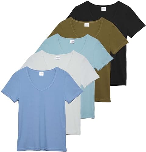 Real Essentials 5 Pack Women's Soft Ribbed V-Neck Tee Summer Shirt