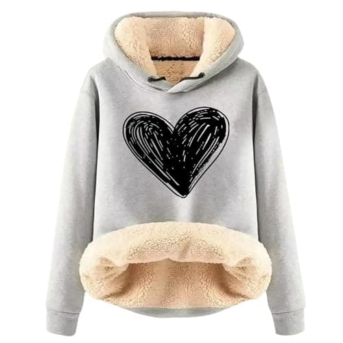 Warm Heart Print Fleece Hoodie for Women Winter Casual Pullovers