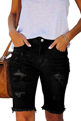 Metietila Women's Ripped Mid-Rise Denim Bermuda Shorts