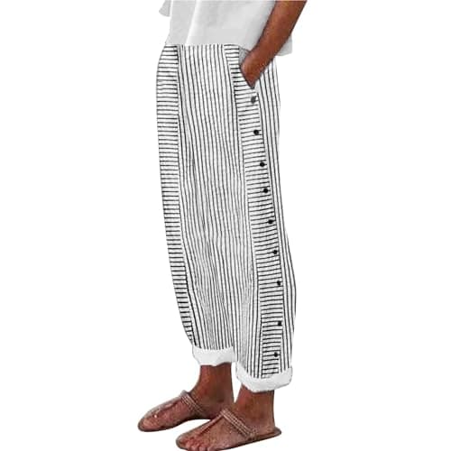 Generic Women's Straight Leg Stripe Cotton Linen Pants