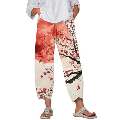 HOTYD Japanese Linen Pants for Women Summer Baggy Capri Trouser with Pockets
