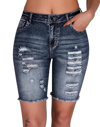 Rosswear Womens Ripped Stretch Mid Rise Frayed Long Jean Shorts
