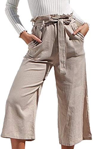 Womens Cotton Palazzo Wide Leg Pants with Pockets and Belt