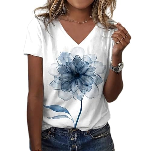 Akivide Boho Floral V-Neck Summer Tunic Shirt Plus Size