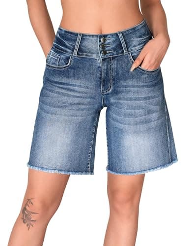 Rosswear Women's Stretchy Wide Leg High-Waisted Frayed Hem Jean Shorts