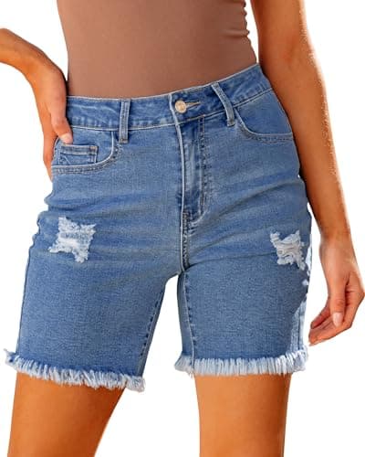 Luvamia Women's High-Waisted Distressed Denim Long Shorts