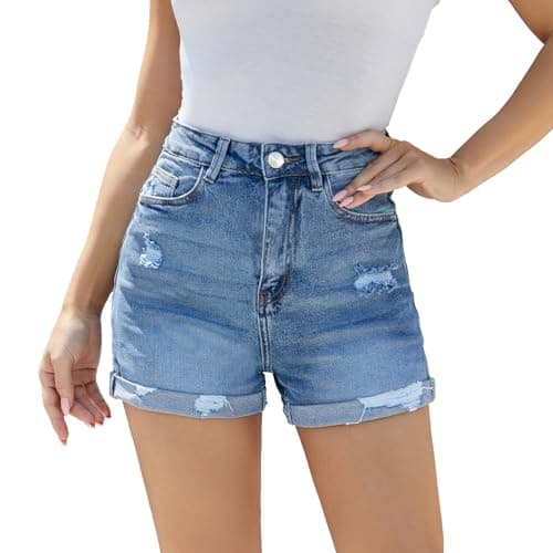VIPONES High Waisted Stretch Denim Jean Shorts with Folded Hem