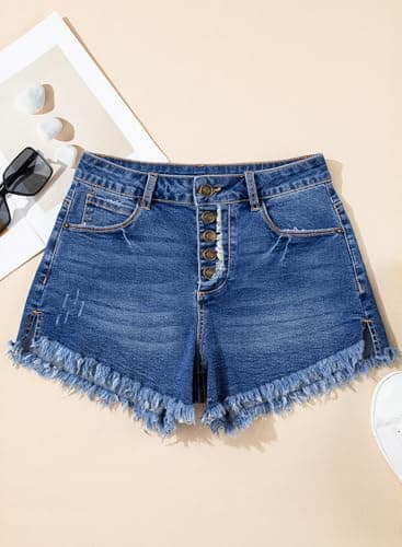 Sidefeel Women's High-Waisted Stretch Raw Hem Denim Shorts