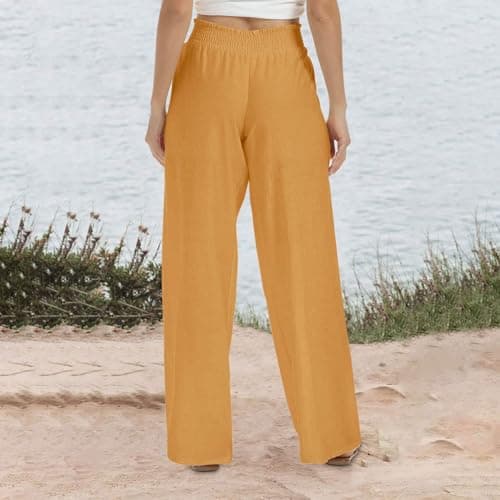 DASAYO Smocked High-Waisted Linen Palazzo Pants with Pockets