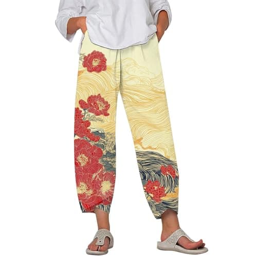 HOTYD Japanese Linen Pants for Women Summer Baggy Capri Trouser with Pockets
