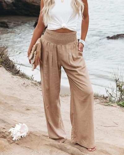 GLIENST Women's High Waisted Smocked Linen Palazzo Pants with Pockets S-2XL