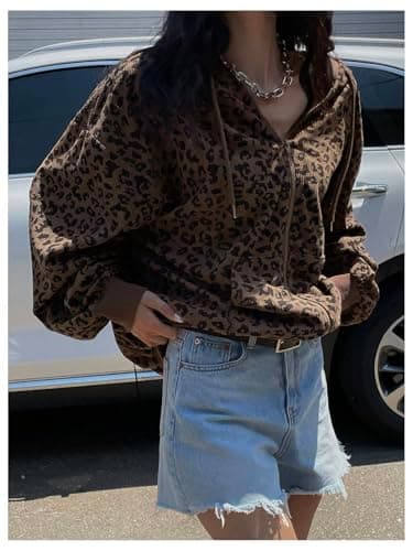 SHENHE Women's Oversized Zip Up Hoodie with Leopard Print Pockets