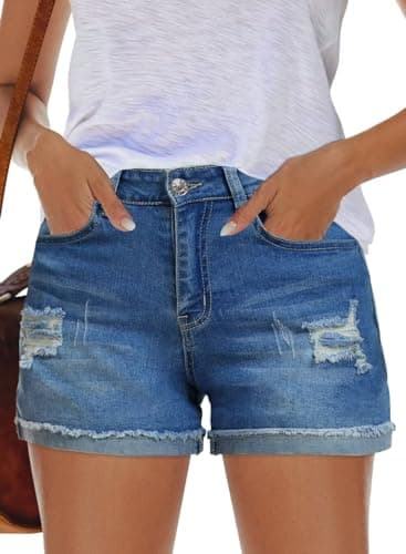 QACOHU Women's Casual Summer Denim Shorts Mid-Waisted Ripped Stretch Jeans