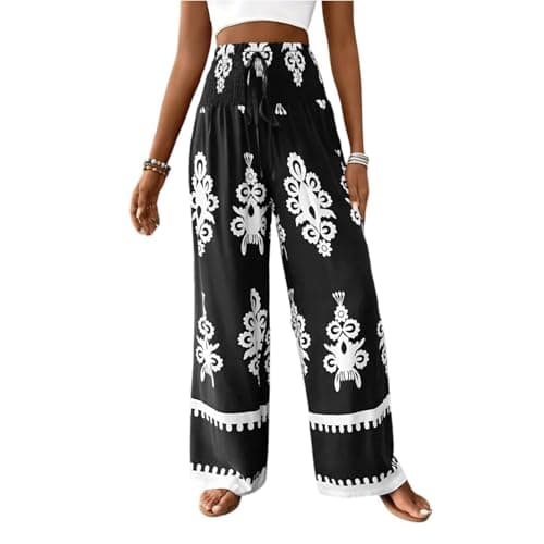 Elastic High Waisted Floral Print Wide Leg Linen Pants with Pockets