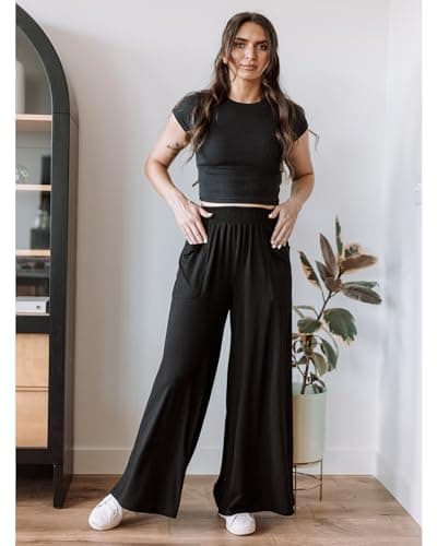 GRAPENT High-Waisted Smocked Elastic Waist Wide Leg Pants
