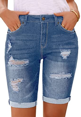 Metietila Women's Ripped Mid-Rise Denim Bermuda Shorts