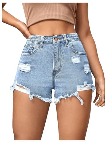 WDIRARA Women's High-Waisted Raw Hem Distressed Casual Denim Shorts