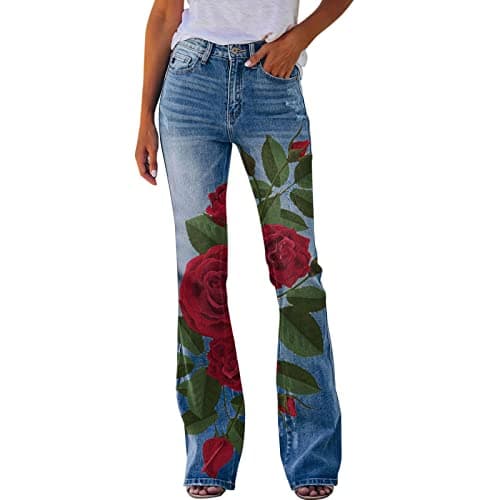 8QIDA Women Cargo Pants Printed Pattern Loose Flared Hem Jeans