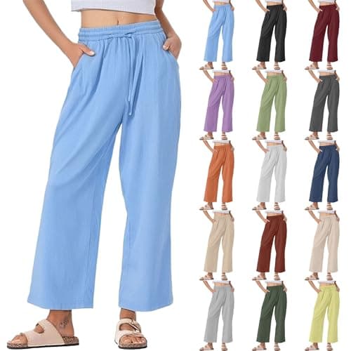Trendy Women's Wide Leg Linen Pants with Elastic Waistband