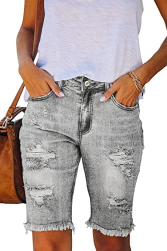 Metietila Women's Ripped Mid-Rise Denim Bermuda Shorts