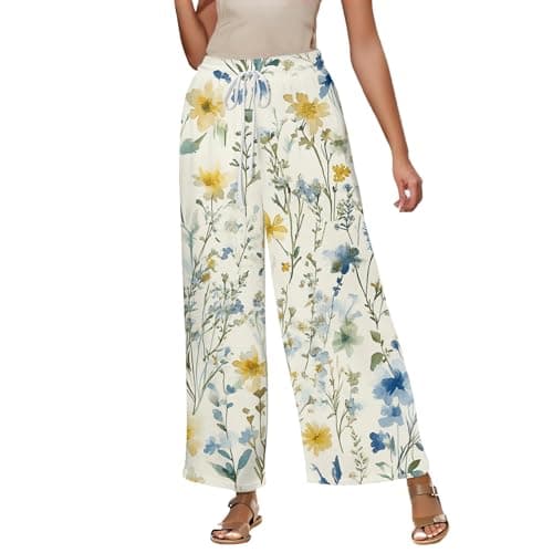 Elastic High Waisted Floral Print Wide Leg Linen Pants with Pockets