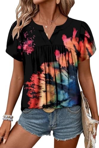 Angerella Women's Floral Print Short Sleeve V-Neck Tunic Tops