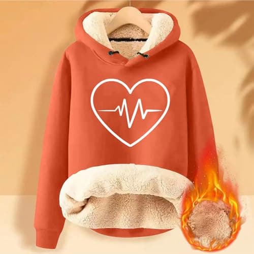 Warm Heart Print Fleece Hoodie for Women Winter Casual Pullovers