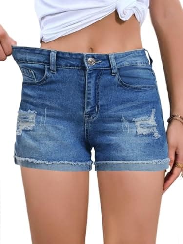 FEKOAFE 2025 Women's Summer Mid/High-Waisted Ripped Denim Shorts