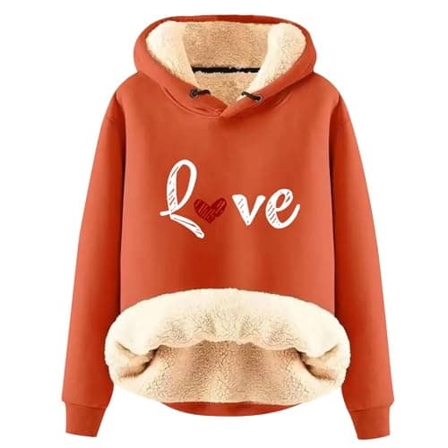 Warm Heart Print Fleece Hoodie for Women Winter Casual Pullovers