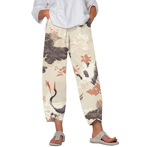 HOTYD Japanese Linen Pants for Women Summer Baggy Capri Trouser with Pockets