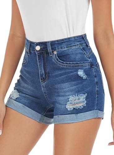 FEKOAFE 2025 Women's Summer Mid/High-Waisted Ripped Denim Shorts