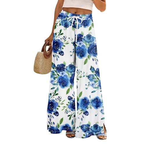 Elastic High Waisted Floral Print Wide Leg Linen Pants with Pockets