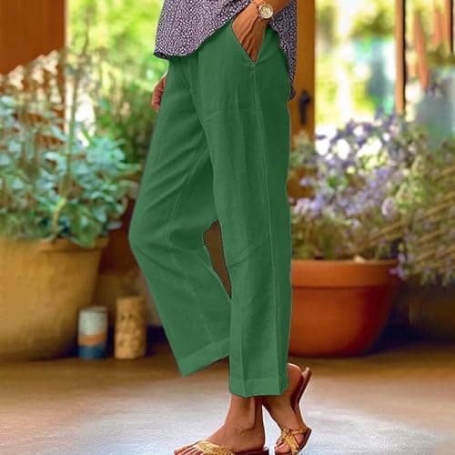 2024 Women's High Waisted Crop Linen Pants Solid Comfy Casual