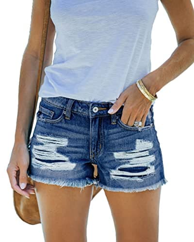 MEMVU Women's Ripped Stretch Mid-Rise Raw Hem Denim Shorts