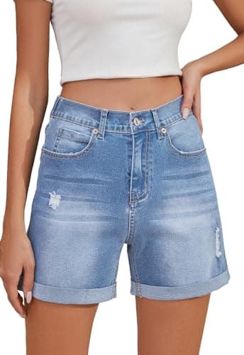 Metietila Women's High-Waisted Folded Hem Stretch Denim Shorts