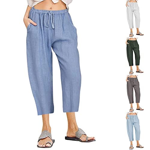Itsame Women's Summer Cotton Linen Drawstring Capri Pants