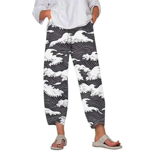 HOTYD Japanese Linen Pants for Women Summer Baggy Capri Trouser with Pockets