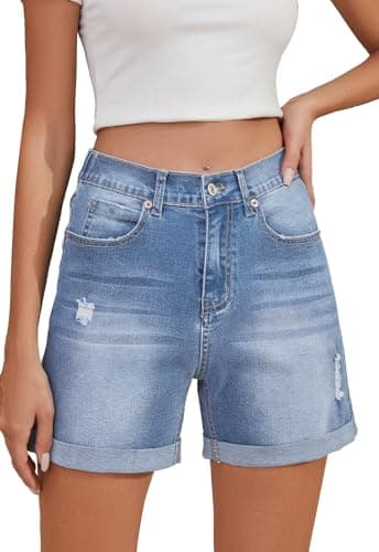 Metietila Women's High-Waisted Folded Hem Stretch Denim Shorts