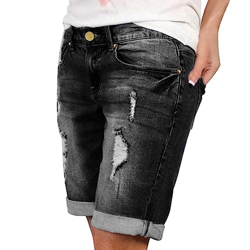 Women's Stretchy Mid Rise Ripped Denim Shorts