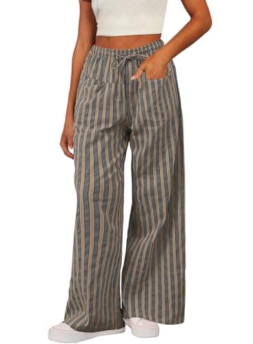 Acelitt Women's Casual Elastic Waist Striped Wide Leg Pants with Pockets, S-XXL