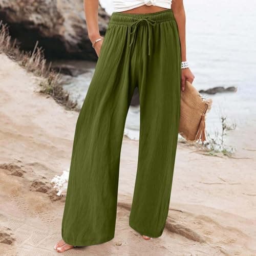 Elastic Waist Palazzo Pants with Pockets | Women's Cotton Linen Wide Leg Lounge Pants