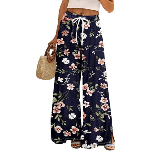 Elastic High Waisted Floral Print Wide Leg Linen Pants with Pockets