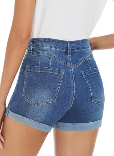 FEKOAFE 2025 Women's Summer Mid/High-Waisted Ripped Denim Shorts