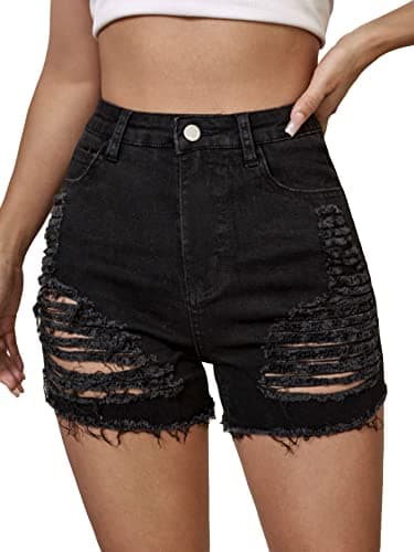 WDIRARA Women's High-Waisted Raw Hem Distressed Casual Denim Shorts