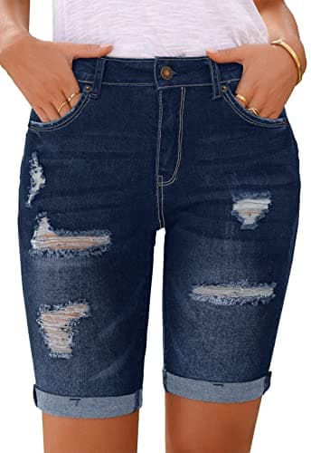 Metietila Women's Ripped Mid-Rise Denim Bermuda Shorts